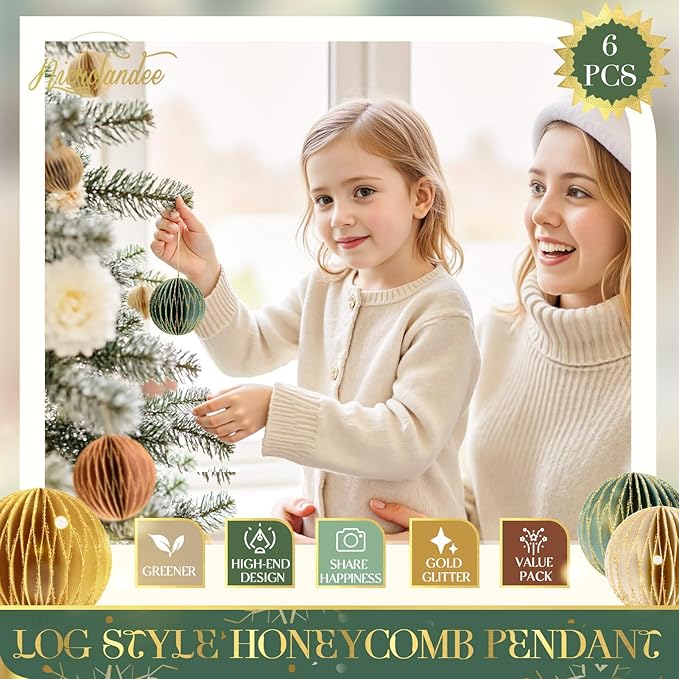 NICROLANDEE Christmas Hanging Decorations, 6 PCS Nature Round Glitter Edge Paper Honeycomb Ornaments, Green Brown Mini Paper Lanterns Ornament for Christmas Tree Décor, New Years Party Home Decor