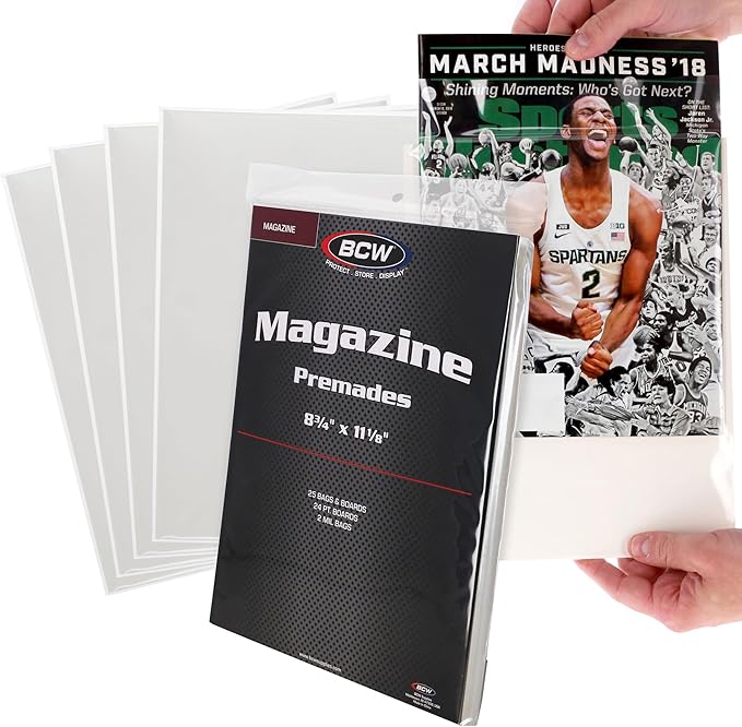 BCW Magazine Bags and Boards – (50 Pack) | Premade Non-Resealable Magazine Protectors | Standard Size 8 ¾" x 11 ⅛" | Magazine Sleeves and Boards Pre-Loaded for Storage and Display