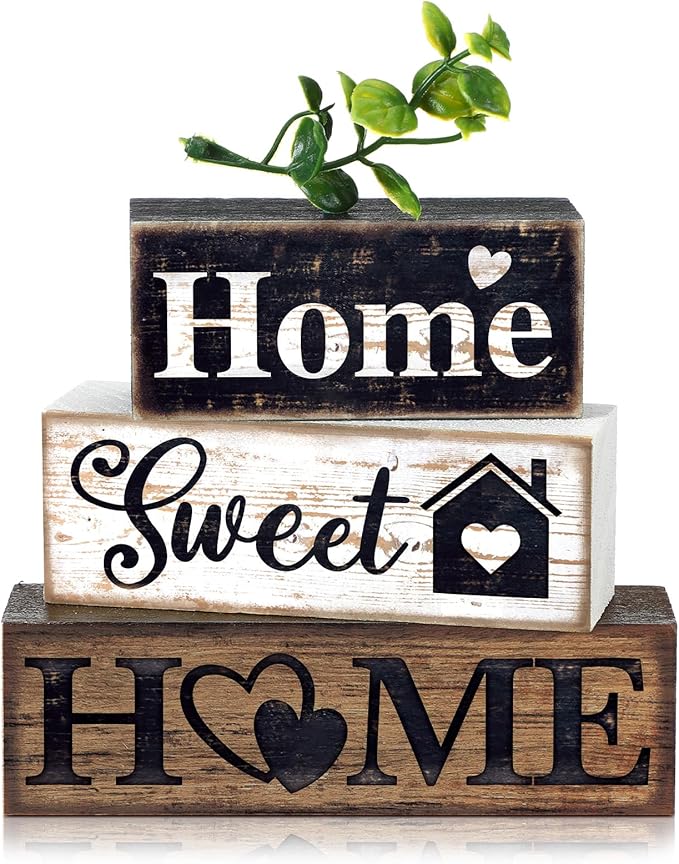 Moucuny 4 Pcs Farmhouse Wooden Tabletop Decor Farmhouse Tiered Tray Decor Rustic Eucalyptus Leaves Wood Block Sign Gift Sweet Home Centerpiece Home Table Decortion