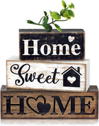 Moucuny 4 Pcs Farmhouse Wooden Tabletop Decor Farmhouse Tiered Tray Decor Rustic Eucalyptus Leaves Wood Block Sign Gift Sweet Home Centerpiece Home Table Decortion