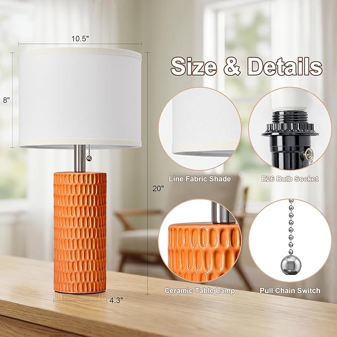 Reaketon Table Lamps for Living Room Set of 2, Ceramic Table Lamps for Bedroom, 20" Modern Lamps for Night Stands, Orange