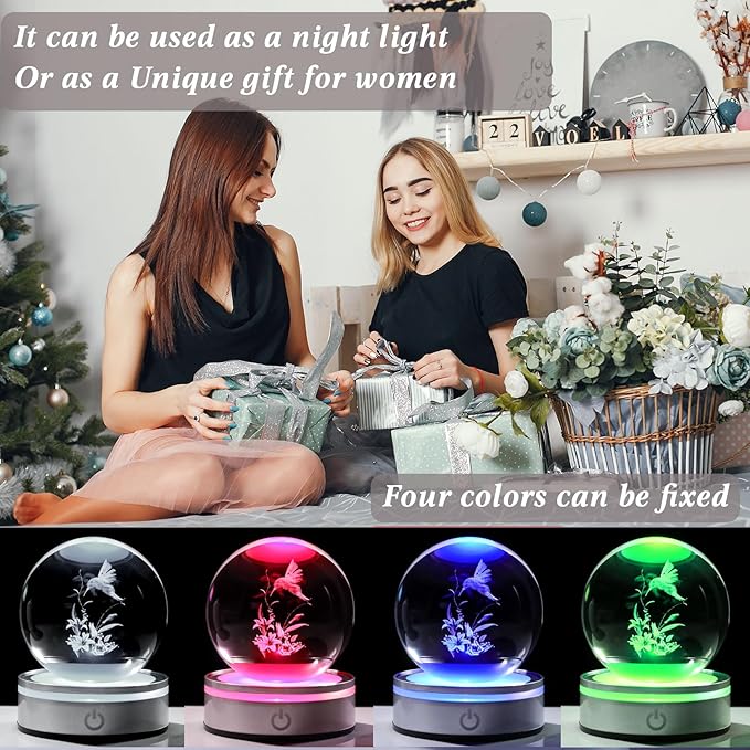 Movdyka 3D Crystal Ball Hummingbird Gifts for Women Men Glass Humming Bird Ornament Figurine Home Decor with Colorful LED Base for Hummingbird Lovers Nature Lovers - 3.15"/8CM