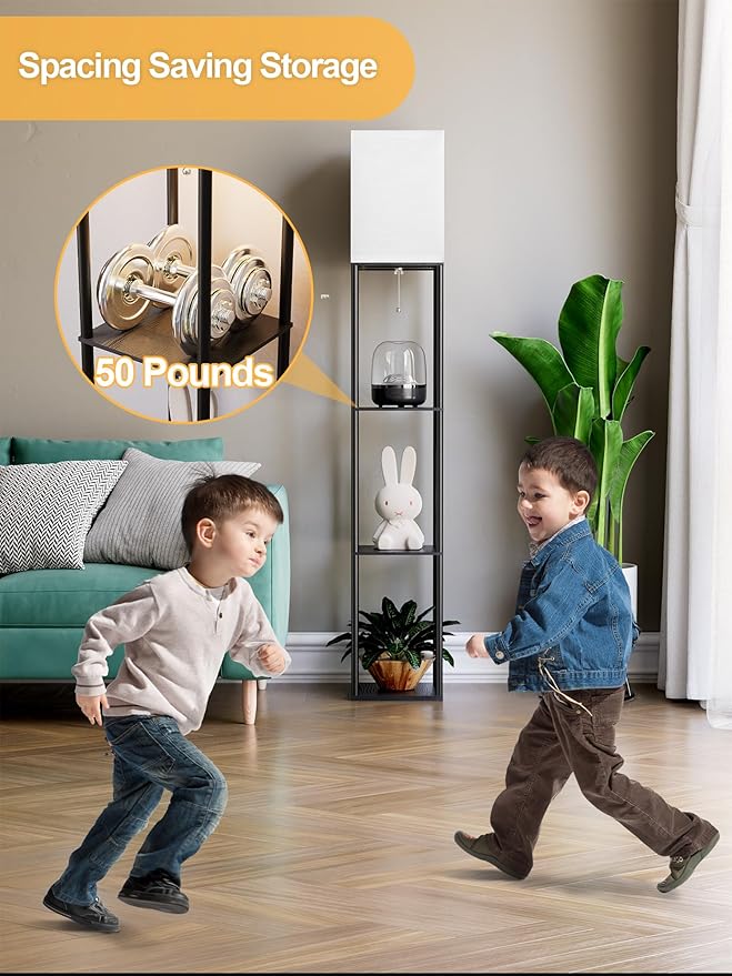 Floor Lamp with Shelves for Living Room, Shelf Floor Lamp with 3 CCT LED Bulb, Corner Display Standing Column Lamp Etagere Organizer Tower Nightstand with White Linen Shade for Bedroom, Office