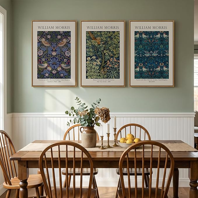 Large Framed Vintage William Morris Wall Art for Living Room, 3 Pieces Strawberry Thief Canvas Artwork for Walls, Retro Classic Floral Illustrations Paintings Pictures for Bedroom, Dining Room, Hallway, Office Wall Decor, Total Size 30x60 in