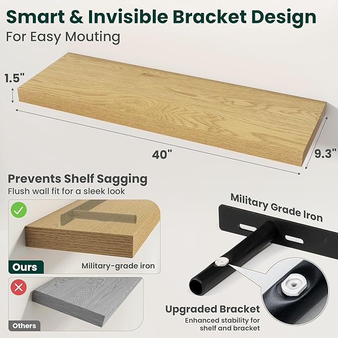 Floating Shelves for Wall 40 in x 9.3 in Deep, Wall Mounted Rustic Wood Shelf with Invisible Brackets for Storage & Display, Living Room Bedroom Bathroom, Oak, 2 Pack