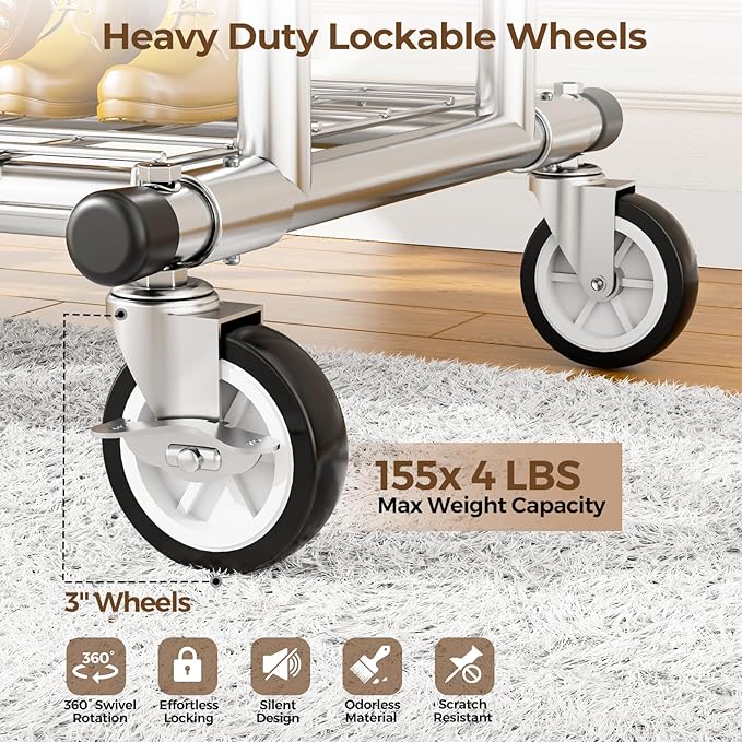Heavy Duty Clothes Rack, Rolling Clothing Rack With Shelves Load 620 LBS, Double Rod Clothing Racks for Hanging Clothes, Portable& Adjustable Clothes Rack with Wheels Garment Rack