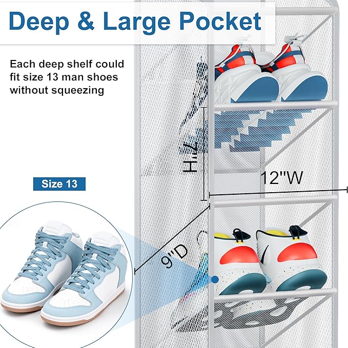 SLEEPING LAMB Narrow Over the Door Shoe Organizer for Closet, 2 Packs Shoe Racks for Door with Mesh & Deep Pockets, Hanging Sneakers Holder to Storage Boots, White