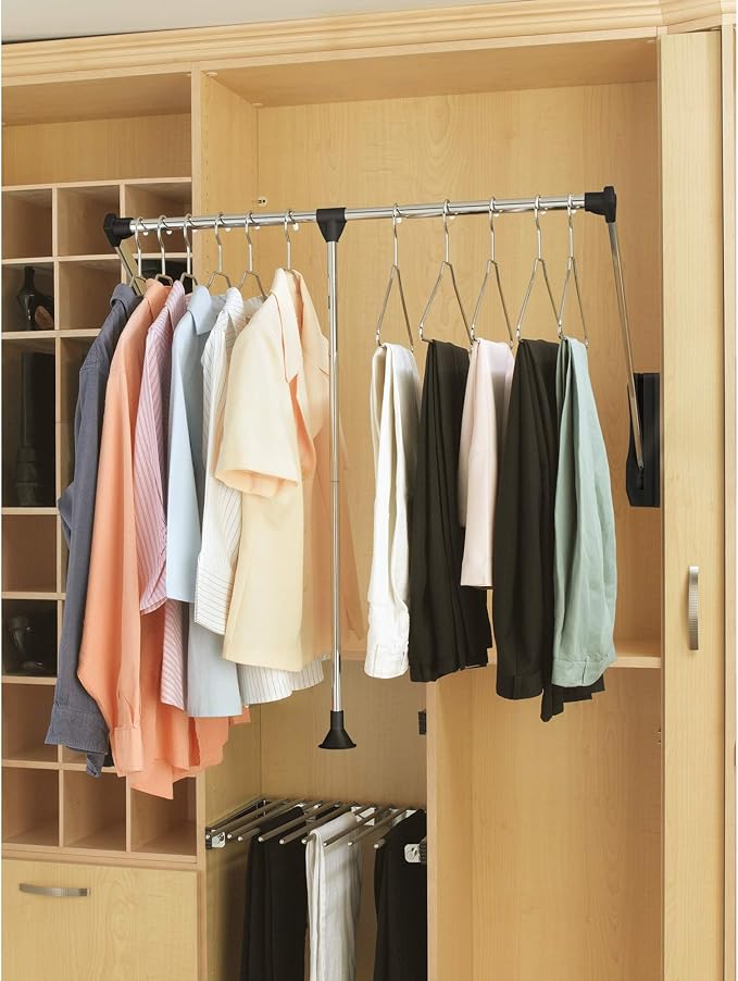 Rev-A-Shelf 35"-48" Adjustable Steel Telescopic Pull Down Hanging Rod for Closet, Chrome - Side Mounted Clothes System Organizer for Wardrobe or Clothing Cabinet, CPDR-3548