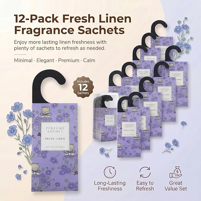 ROSE COTTAGE Large 12 Packs Fresh Linen Hanging Closet Deodorizer Air Freshener Long Lasting Scented Sachets Smell Goods for House