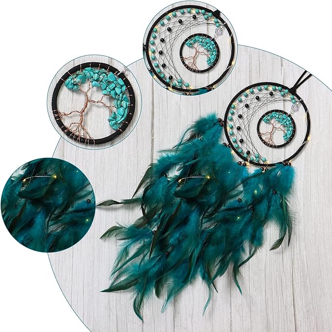 KHOYIME LED Dream Catcher Light Up Tree of Life Dreamcatcher with Healing Crystal Stone Handmade Feather Wall Hanging for Bedroom Bohemian Home Decor Wedding Ornament Craft Gift (Blue&Green)