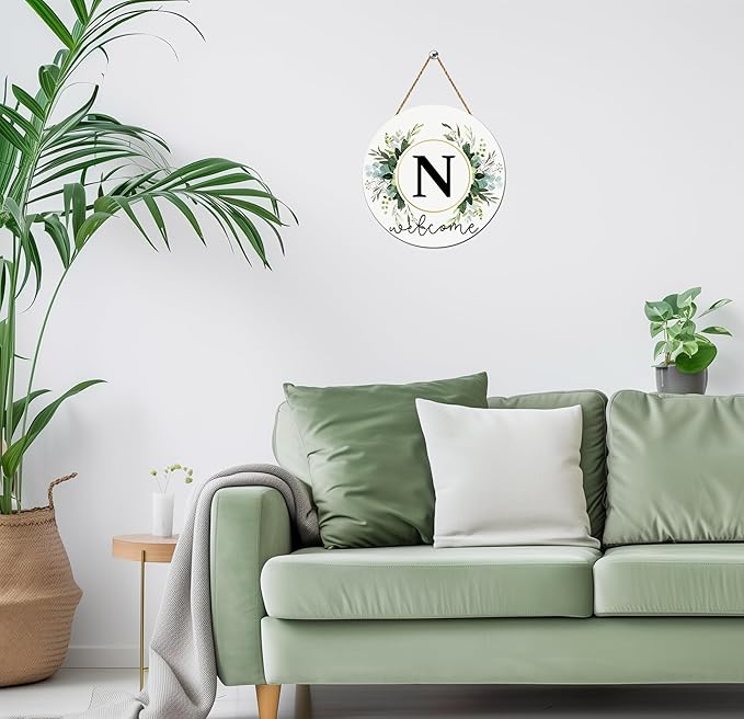 Monogram Letter N Wreaths for Front Door Wreath Wooden Welcome Sign for Front Door Decor Floral Family Last Name Initial House Warming Spring Summer Porch Rustic Wall Home Kitchen Boho Decorations