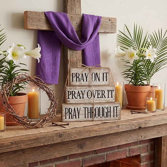 Yuntau 4 Pcs Farmhouse Wooden Tabletop Decor Bible Verse Tiered Tray Decorations Rustic Religious Christian Gift Block Sign Pray on It Centerpiece for Easter Home Kitchen Shelf Office Desk Decor