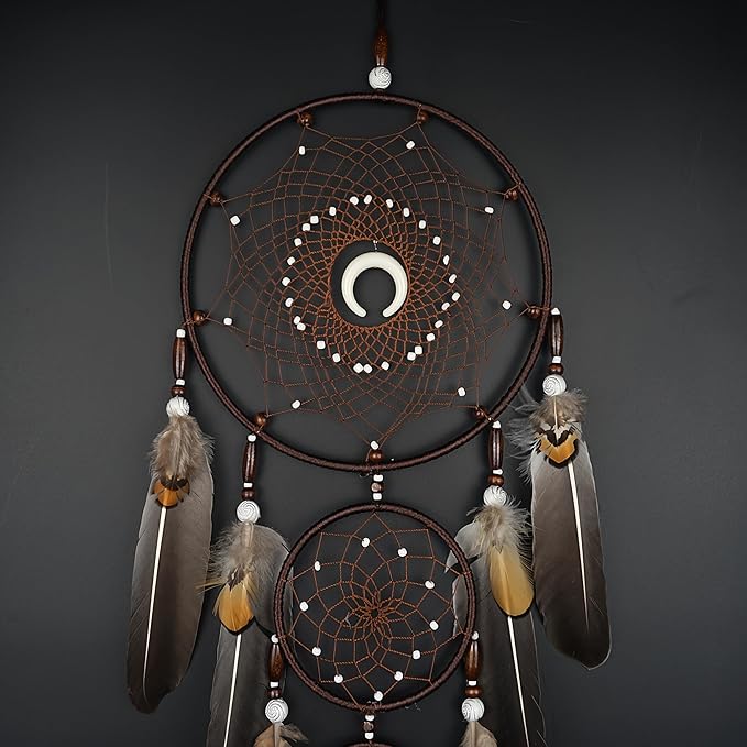 Bohemian Brown Dream Catcher with Moon Accent, Multi-Rings & Natural Feathers – Handmade Native American Style Wall Decor for Bedroom, Living Room, Boho Home Decoration & Gift(Brown 3 Rings)