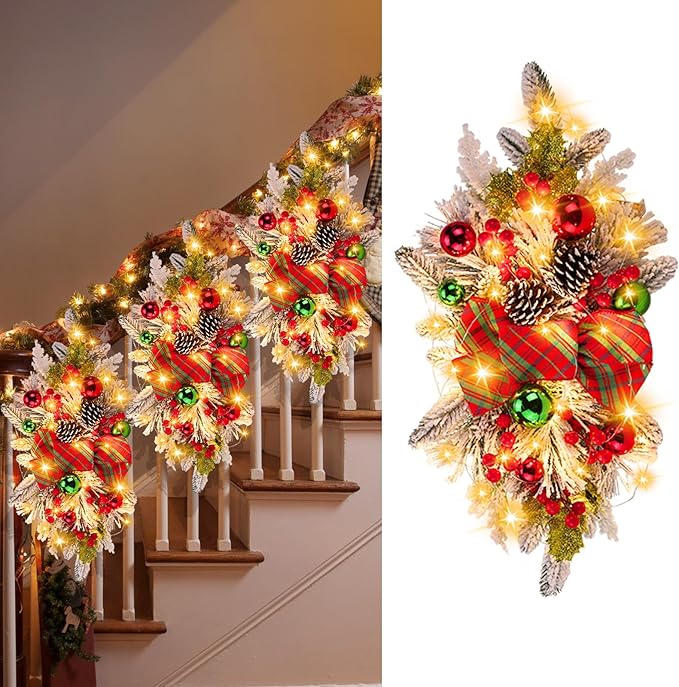 Lyrow 4 Pcs Cordless Prelit Christmas Artificial Swags 24" Xmas Stairway Swag Teardrop Trim Christmas Staircase Decoration Battery Operated Garland Indoor Outdoor Railing Decor(Classic Style)