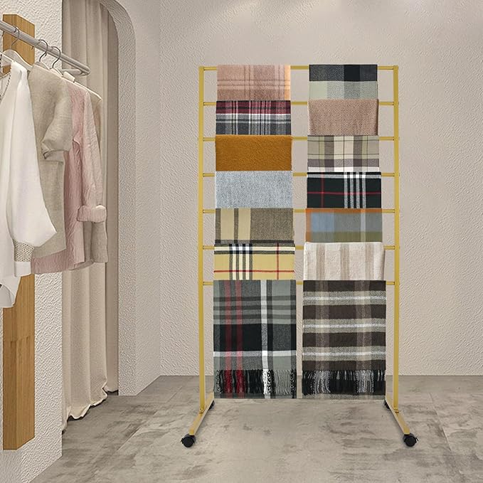 7 Tiers Rolling Display Tie & Scarf Rack Towel Belt Pants Hangers Ribbon Organizer Hijab Stand, Floor Standing Tie Scarves Hanging Rack Necktie Holder for Home Commercial Clothing Retail Store