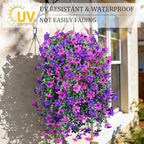 INQCMY Artificial Hanging Flowers Decoration, 4pcs Fake Floral Basket Plants for Outdoor Porch, Faux Shrubs Home Spring Decor UV Resistant Potted Violets for Outside Garden No Fade