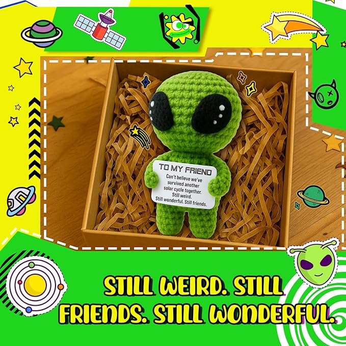 To My Friend Galentines Day Funny Gifts – Handmade Crochet Alien Plush with Special Friendship Message Card – Birthday, Valentines, or Just Because Present for Best Friend, Roommate, or Coworker