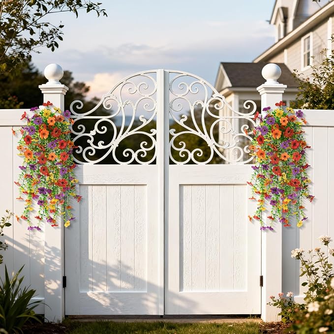 Homsunny Artificial Hanging Flowers for Outdoor, 8PCS Fake Flowers Faux Silk Daisy with Eucalyptus Leaves, UV Resistant Aritificial Outdoor Flowers for Spring Home Patio Balcony Yard Porch Decor
