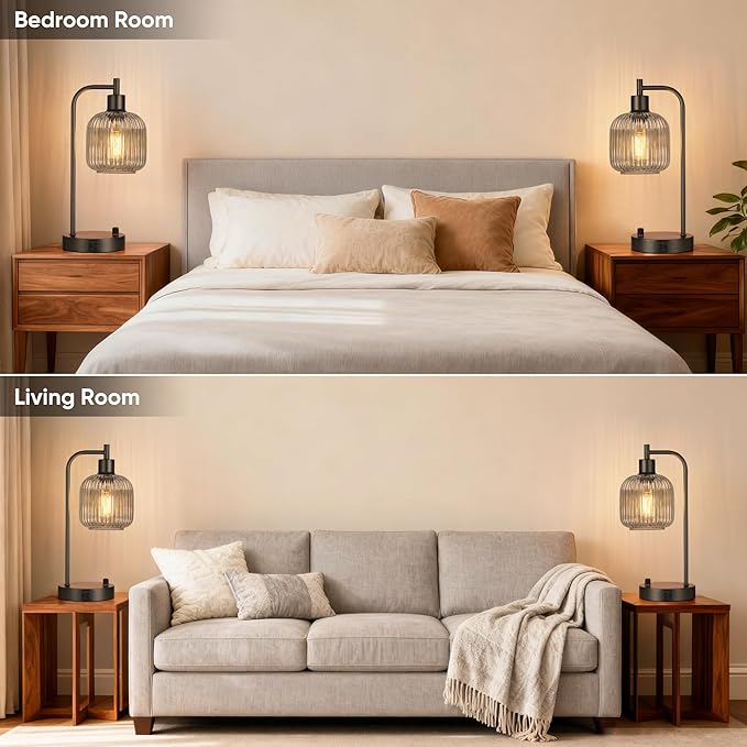 QiMH Industrial Table Lamp for Bedroom Set of 2, Grey Glass Beside Lamp with USB A&C Ports, Stepless Dimmable Black Lamps, Nightstand Lamps for Living Room, Office, Home Decor(Bulb Included)