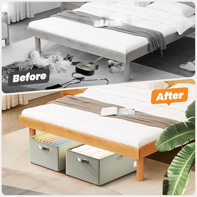 Dayacoco Underbed Storage with Wheels, 2 Pack Under Bed Storage Containers with Clear Lids, No Assembly Required 10.1 inch Rolling Under Bed Storage for Clothes, Beige
