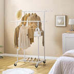 Double Rod Garment Rack, Heavy Duty Rolling Clothes Rack with Wheels For Hanging Clothes, Portable Metal Clothing Rack with Shelves,White, 64.2in Chrome