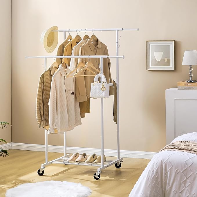 Double Rod Garment Rack, Heavy Duty Rolling Clothes Rack with Wheels For Hanging Clothes, Portable Metal Clothing Rack with Shelves,White, 64.2in Chrome