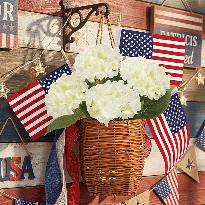 Riceshoot 4th of July Decoration Patriotic Door Hanger Basket Wreath for Front Door Woven Basket 250th Anniversary Hanging Sign with Artificial Hydrangea American Flag for Independence Day Table Decor