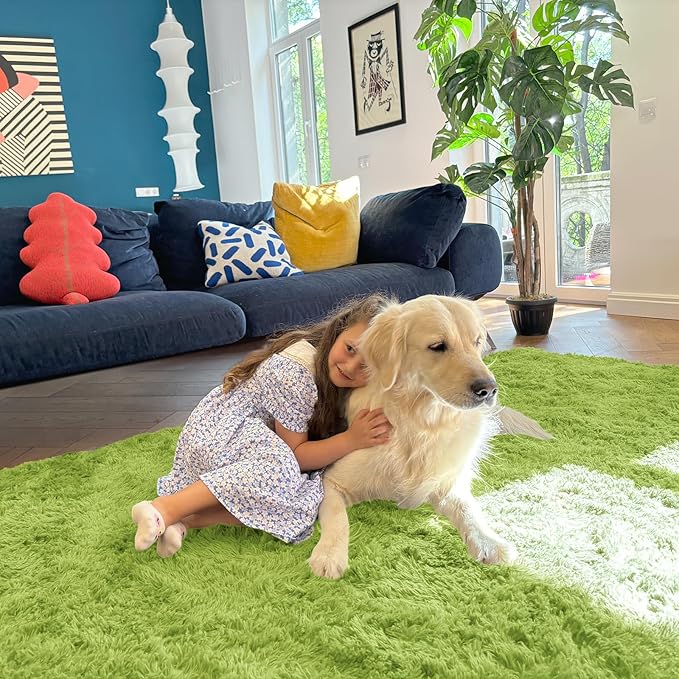 OLANLY 2x3 Machine Washable Small Bedside Rug, Soft Fluffy Shaggy Entryway Throw Rugs for Bedroom, Living Room, Indoor Floor Carpet for Kids Girl Boy, Nursery Rooms, Home Decor Aesthetic, Grass Green