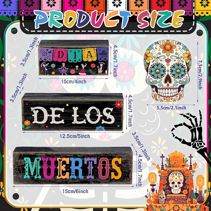 Lineshading 4 Pcs Day of The Dead Table Decorations Day of The Dead Centerpiece for Table Dia De Los Muertos Tiered Tray Decor Wood Sugar Skull Block Signs for Halloween Party Home Shelf Decoration