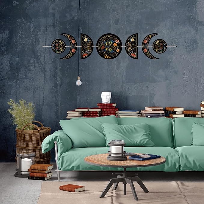 CREATCABIN 7Pcs Butterfly Flower Moon Ornaments Half Round Wood Pendant Moon Cycle Wall Hanging Wooden Moon Phase Home Boho Decor Supplies for Bedroom Farmhouse Gallery Apartment Bar 37.1x6.3in