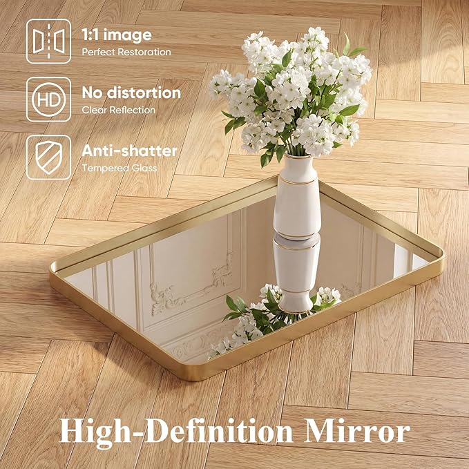 Sweetcrispy Bathroom Wall Mirror, 30x22 Inch Wall Mount Mirror for Over Sink, Modern Rounded Rectangle Vanity Mirrors with Matte Metal Framed, for Home Decor, Living Room, Bedroom, Gold
