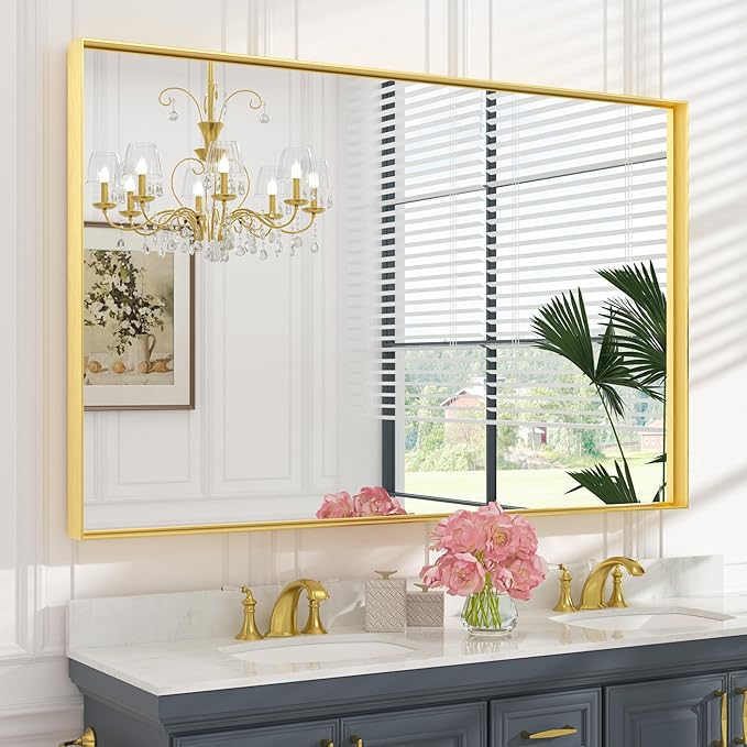 Keonjinn Gold Bathroom Mirror 60” x 40” Large Framed Mirrors for Wall Rectangular Vanity Mirror Brushed Gold Metal Frame Mirror Rectangle Farmhouse Mirror for Bathroom Sink(Horizontal/Vertical)
