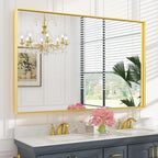 Keonjinn Gold Bathroom Mirror 60” x 40” Large Framed Mirrors for Wall Rectangular Vanity Mirror Brushed Gold Metal Frame Mirror Rectangle Farmhouse Mirror for Bathroom Sink(Horizontal/Vertical)