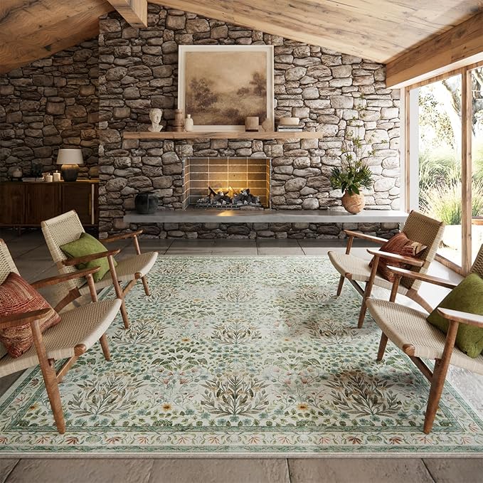 Washable 8x10 Area Rug - Light Green Oriental Design for Living Room, Bedroom, Dining Room & Under Kitchen Table - Stain Resistant, Non-Slip Large Rug