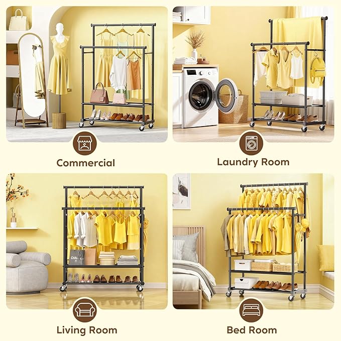 Clothes Rack with Double Rod for Hanging, Heavy Duty Clothing Rack Load 350 LBS with Lockable Wheel, Free Standing Garment Rack with 2 Shelves and Side Hooks for Home Commercial (Dark Grey)