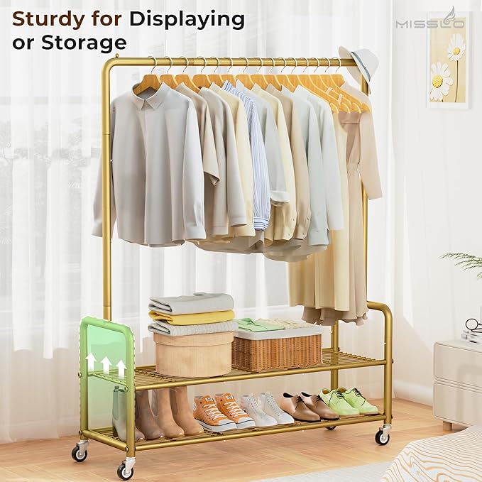 MISSLO Heavy Duty Clothes Rack with Shelves 46.5" Large Rolling Clothing Racks for Hanging Clothes, Garment, Coat, Gold