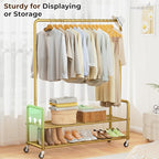 MISSLO Heavy Duty Clothes Rack with Shelves 46.5" Large Rolling Clothing Racks for Hanging Clothes, Garment, Coat, Gold