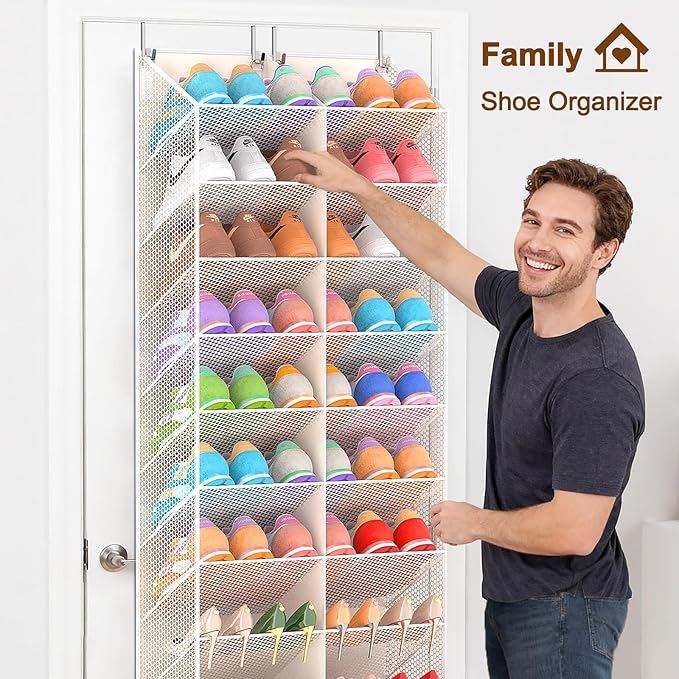20-30 Pairs Over the Door Shoe Organizer, Breathable Mesh Pocket Hanging Shoe Storage for Closet, 10-Tier Door Shoes Rack, Handing Shoes Holder Fit All the Family's Sneakers, Boots, Heels, Beige