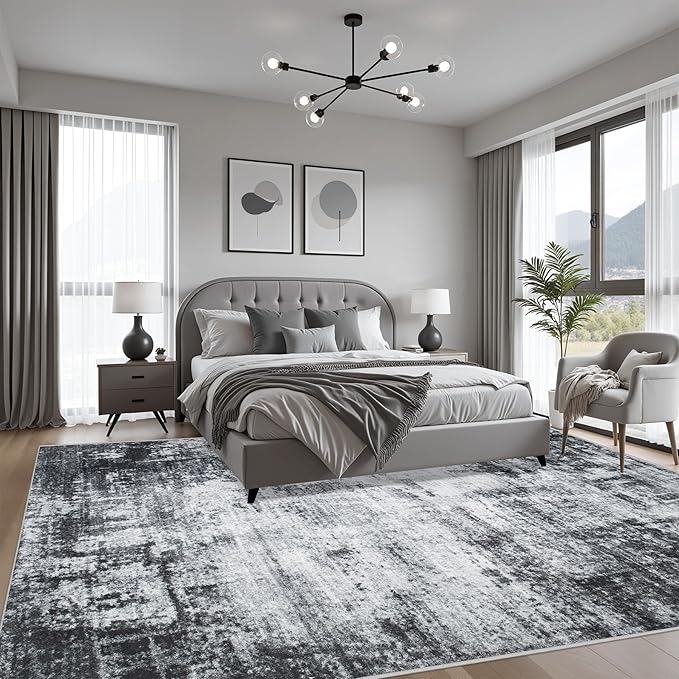 10x12 Area Rug Living Room Rug: Washable Modern Abstract Soft Thin Rug Indoor Floor No Slip Stain Resistant Carpet for Bedroom Dining Room Farmhouse Nursery Home Office - Dark-Black