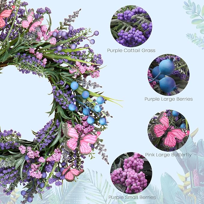 Lavender Wreaths for Front Door 18 Inch Spring Summer Wreath with Lavender,Berries, Butterflies,for Year-Round Use Indoors and Outdoors as Wall, Door, Window, Party and Wedding Decorations