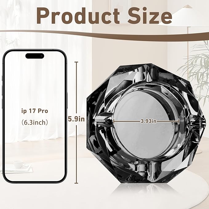 Coomin 5.9in Bigger Crystal Glass Ash Tray, Sparkly Cigarettes Cigar Ashtray, Cool Ashtrays for Smokers Indoor Office Home Desktop Tabletop, Gifts for Men, Black