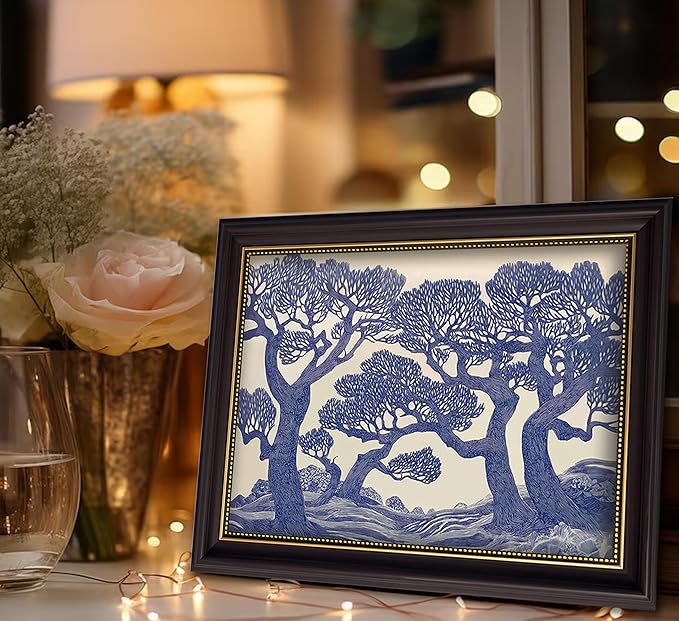 Vintage Gold Framed Wall Art Oak Tree Forest Painting Canvas Prints Blue Woodland Nature Landscape Picture Moody Botanical Poster Artwork for Living Room Bedroom, 12x16in
