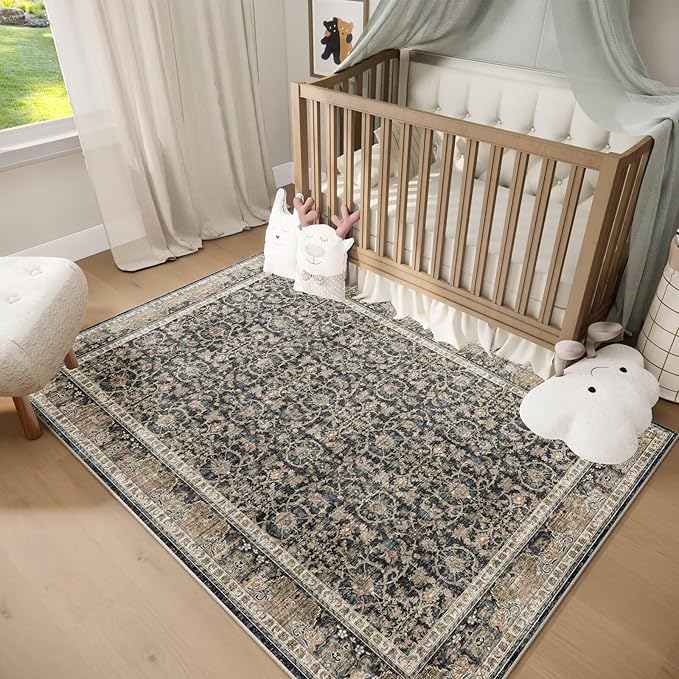 Washable 2x3 Entryway Rug, Boho Non-Slip Door Mat Vintage Distress Small Rugs for Kitchen Nursery Office Bedroom, 0.3" Neutral Oriental Throw Carpet with Cushioning Pad,Grey/Beige/Orange/Multi