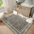 Washable 3x5 Entryway Rug, Boho Non-Slip Vintage Distress Small Rugs for Kitchen Nursery Office Bedroom, 0.3" Neutral Oriental Throw Thin Carpet with Cushioning Pad, Black/Brown/Blue/Multi