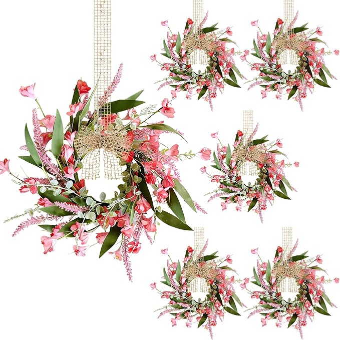 6 PCS Artificial Spring Summer Swag Wreaths Mini Pink Forsythia Lavender Kitchen Cabinet Wreath Small Floral Hanging Flowers Wreaths for Front Door Wedding Farmhouse Porch Wall Window Tabletop Decor