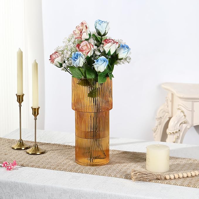 Large Glass Vase, 12 Inches Tall Vase for Flowers, Amber Flower Vases for Bouquet, Modern Amber Glass Vases for Living Room, Dining Table, Office, Entryway, Mantle, Shelf, Wedding Gifts