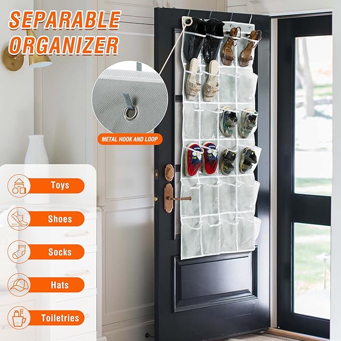 Over the Door 24 Pocket Hanging Shoe Organizer, Space Saving Hanging Storage Holder, Gray, (56" X 22.5")