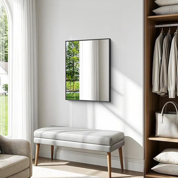 BONEWEI Bathroom Mirror,24x30 inch Wall Mirror for Bathroom Wall Mounted Black Rectangle Square Corner Mirrors,Black Bathroom Mirror for Living Room,Farmhouse,Bedroom Entryway,Horizontal/Vertical