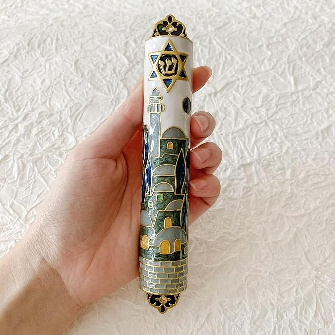 Hand Painted Mezuzah, Exquisite Enamel Mezuzah with Star of David and Jerusalem Motifs