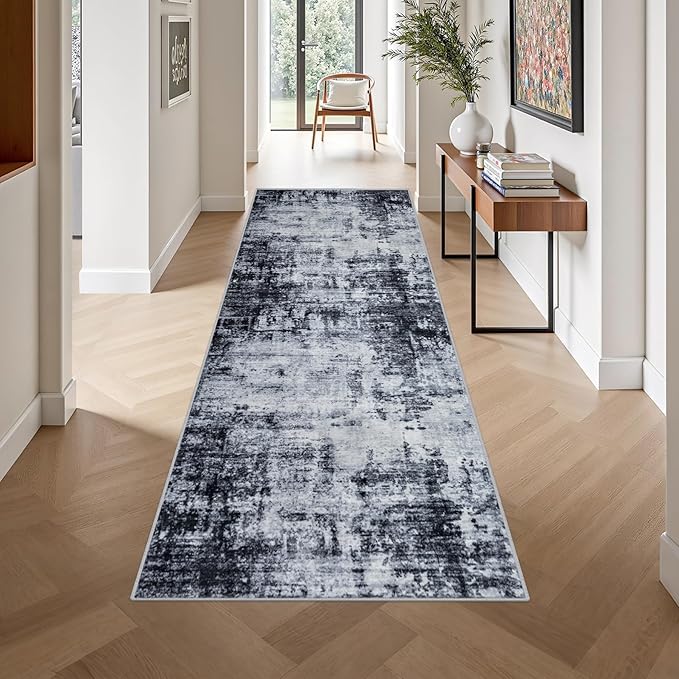 Washable Area Rug 3x10 Entryway Rug: Washable Modern Abstract Soft Thin Rug Indoor Floor No Slip Stain Resistant Carpet for Bedroom Dining Room Farmhouse Nursery Home Office - Dark Black